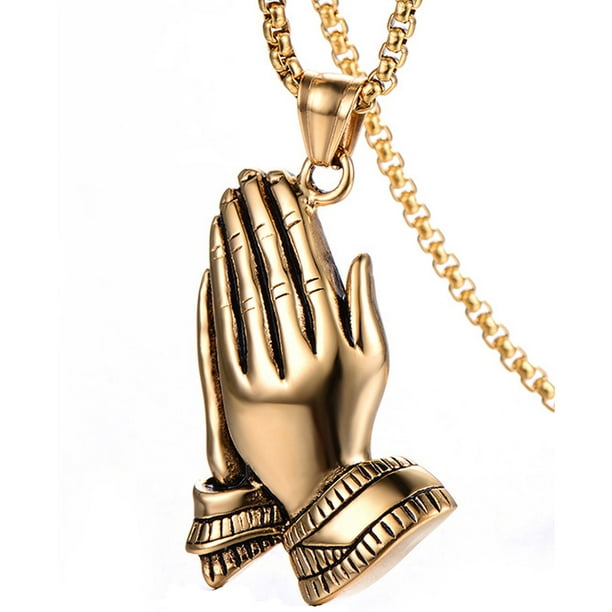 Davitu Hot Sale Praying Hands Necklace Big Pendants Jewelry Gifts Hand Necklaces Men Women Hip Hop Prayer Jesus Stainless Steel Chains Metal Color: Gold 